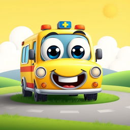 A cheerful cartoon-style ambulance with big expressive eyes and a smiling mouth