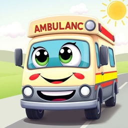 A cheerful cartoon-style ambulance with big expressive eyes and a smiling mouth