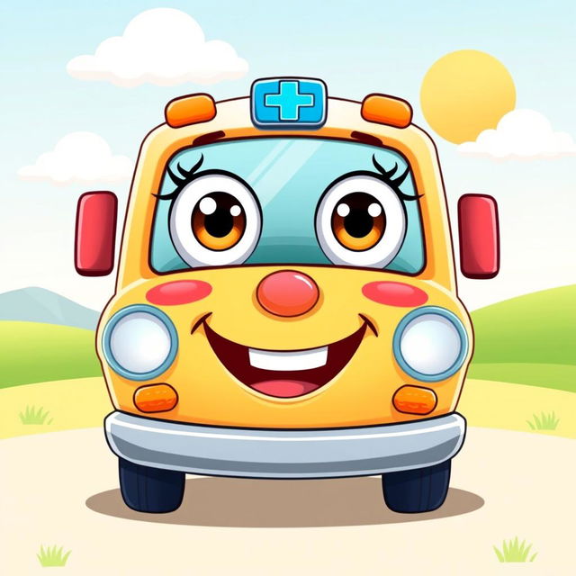 A cheerful cartoon-style ambulance with big expressive eyes and a smiling mouth