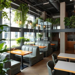 A stylish two-story café featuring transparent tempered glass booths, designed for a modern and cozy atmosphere