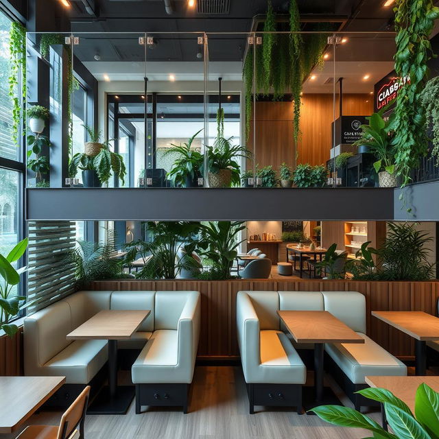 A stylish two-story café featuring transparent tempered glass booths, designed for a modern and cozy atmosphere