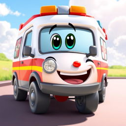 A cheerful 2D cartoon ambulance with big, smiling eyes and a wide, friendly mouth