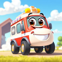 A cheerful 2D cartoon ambulance with big, smiling eyes and a wide, friendly mouth