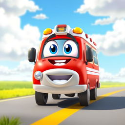 A cheerful 2D cartoon ambulance with big, smiling eyes and a wide, friendly mouth