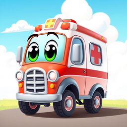 A cheerful 2D cartoon ambulance with big, smiling eyes and a wide, friendly mouth