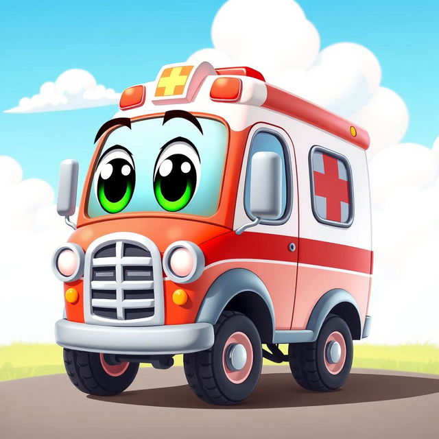 A cheerful 2D cartoon ambulance with big, smiling eyes and a wide, friendly mouth