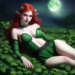 This realistic digital art image depicts a sensual red-haired elf girl with vampire characteristics, lying amidst a field of vibrant green clovers under the moonlight