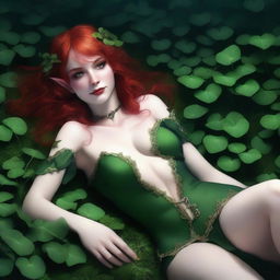 This realistic digital art image depicts a sensual red-haired elf girl with vampire characteristics, lying amidst a field of vibrant green clovers under the moonlight