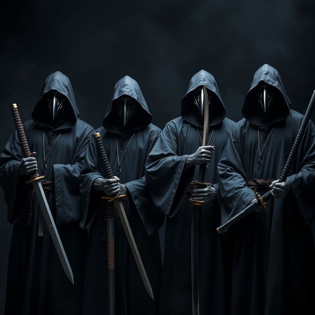 A captivating image of four hooded men clad in black robes, each wearing crow masks