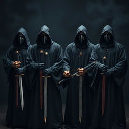 A captivating image of four hooded men clad in black robes, each wearing crow masks