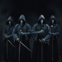 A captivating image of four hooded men clad in black robes, each wearing crow masks