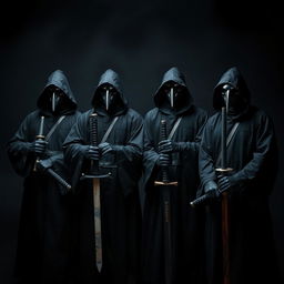 A captivating image of four hooded men clad in black robes, each wearing crow masks