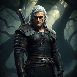 A fierce and rugged Witcher standing confidently in a dark, enchanting forest