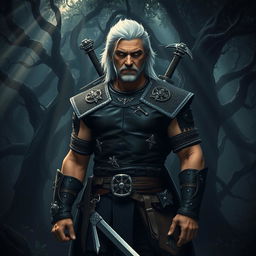 A fierce and rugged Witcher standing confidently in a dark, enchanting forest