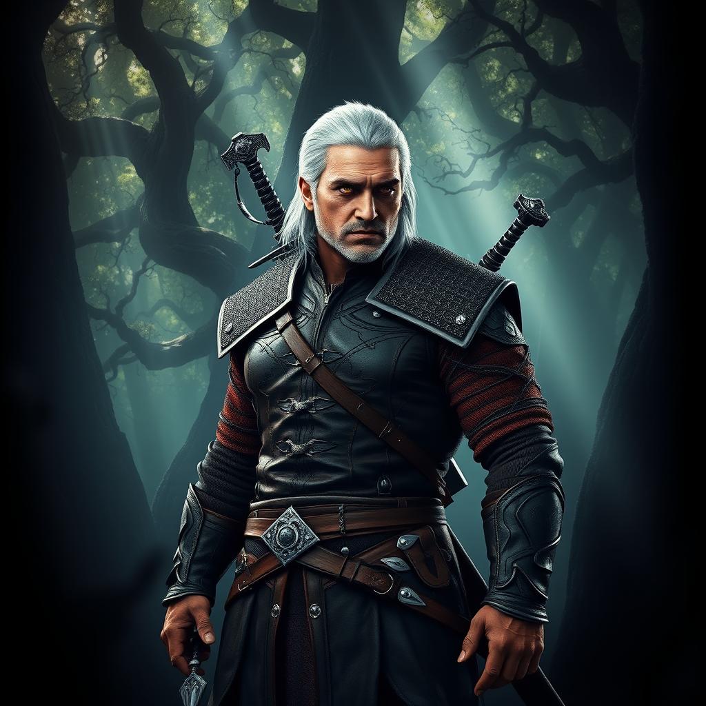 A fierce and rugged Witcher standing confidently in a dark, enchanting forest
