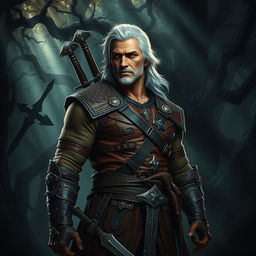 A fierce and rugged Witcher standing confidently in a dark, enchanting forest