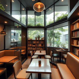 A modern cafe featuring glass booths made of tempered glass, equipped with hidden speakers for playing music