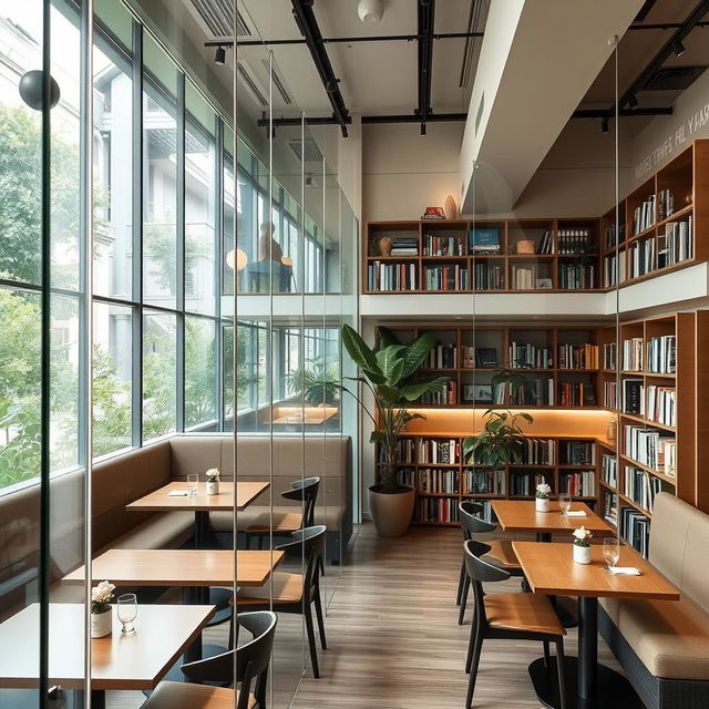A modern cafe featuring glass booths made of tempered glass, equipped with hidden speakers for playing music