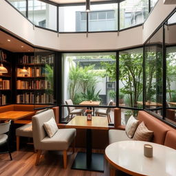 A modern cafe featuring glass booths made of tempered glass, equipped with hidden speakers for playing music
