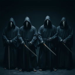 An intriguing image of four hooded men dressed in black robes, each wearing a distinct crow mask