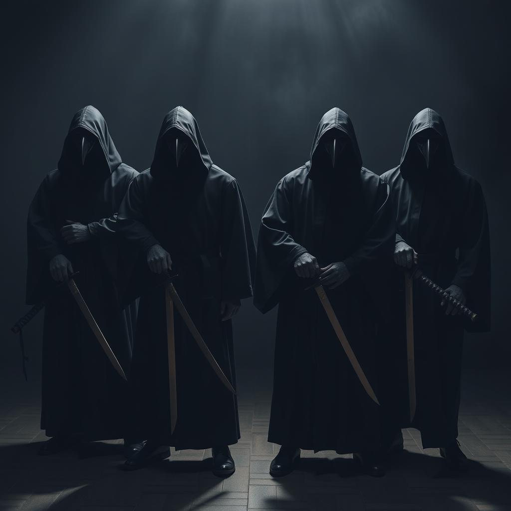 An intriguing image of four hooded men dressed in black robes, each wearing a distinct crow mask