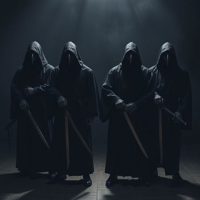 An intriguing image of four hooded men dressed in black robes, each wearing a distinct crow mask