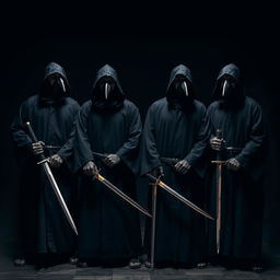 An intriguing image of four hooded men dressed in black robes, each wearing a distinct crow mask