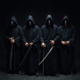 An intriguing image of four hooded men dressed in black robes, each wearing a distinct crow mask