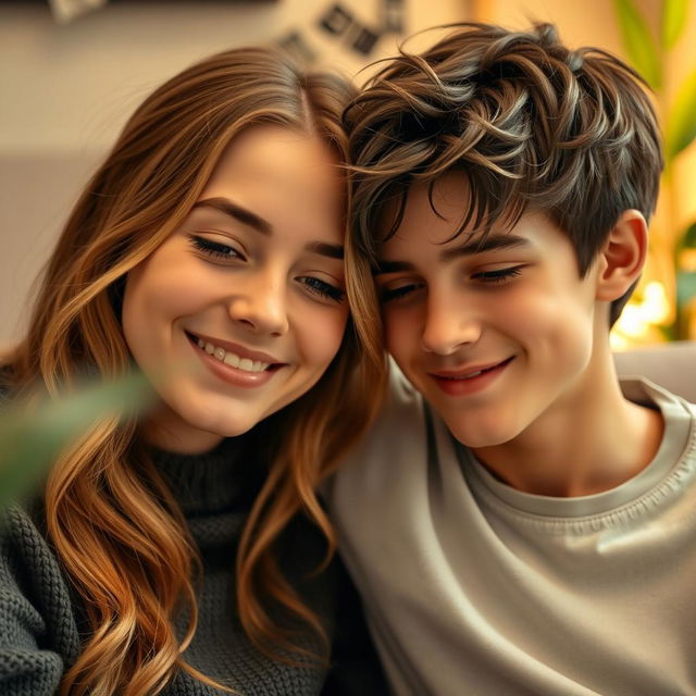 A tender scene featuring a teenage couple in a cozy setting, with a boy resting his head gently on his girlfriend's shoulder