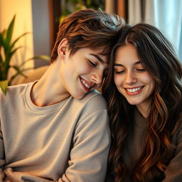 A tender scene featuring a teenage couple in a cozy setting, with a boy resting his head gently on his girlfriend's shoulder