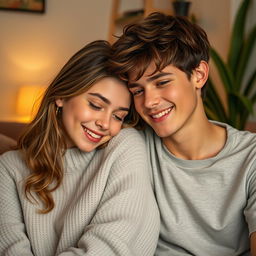 A tender scene featuring a teenage couple in a cozy setting, with a boy resting his head gently on his girlfriend's shoulder