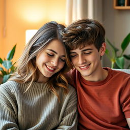 A tender scene featuring a teenage couple in a cozy setting, with a boy resting his head gently on his girlfriend's shoulder