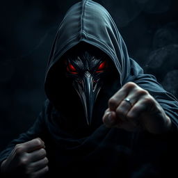 An intense image of a man wearing a crow mask, adorned with a flowing black hooded cloak