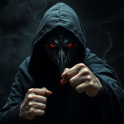 An intense image of a man wearing a crow mask, adorned with a flowing black hooded cloak