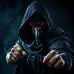 An intense image of a man wearing a crow mask, adorned with a flowing black hooded cloak