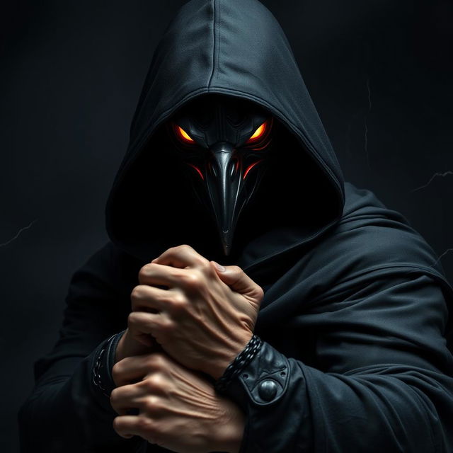 An intense image of a man wearing a crow mask, adorned with a flowing black hooded cloak