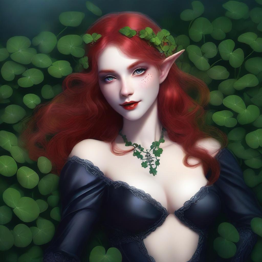 This realistic digital art image features a sensual red-haired elf girl with vampire traits