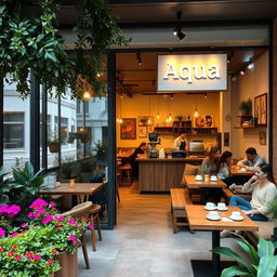 A cozy and inviting cafe named 'Aqua'