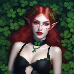 This realistic digital art image features a sensual red-haired elf girl with vampire traits