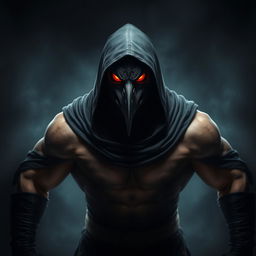 An imposing figure of a man wearing a crow mask, draped in a black hooded tunic