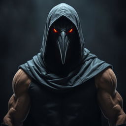 An imposing figure of a man wearing a crow mask, draped in a black hooded tunic