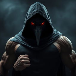 An imposing figure of a man wearing a crow mask, draped in a black hooded tunic