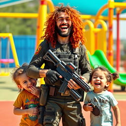 A long-haired fighter with vibrant, curly hair, wearing tactical gear, laughing joyfully as they are surrounded by two cheerful children