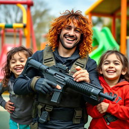 A long-haired fighter with vibrant, curly hair, wearing tactical gear, laughing joyfully as they are surrounded by two cheerful children