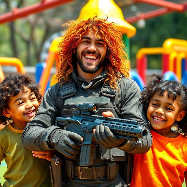 A long-haired fighter with vibrant, curly hair, wearing tactical gear, laughing joyfully as they are surrounded by two cheerful children