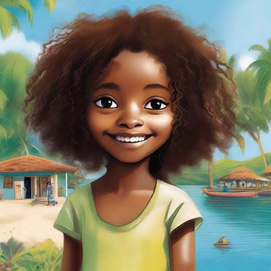 This is a lively, high-quality illustration of 8-year-old Emily from a small fishing village in Trinidad