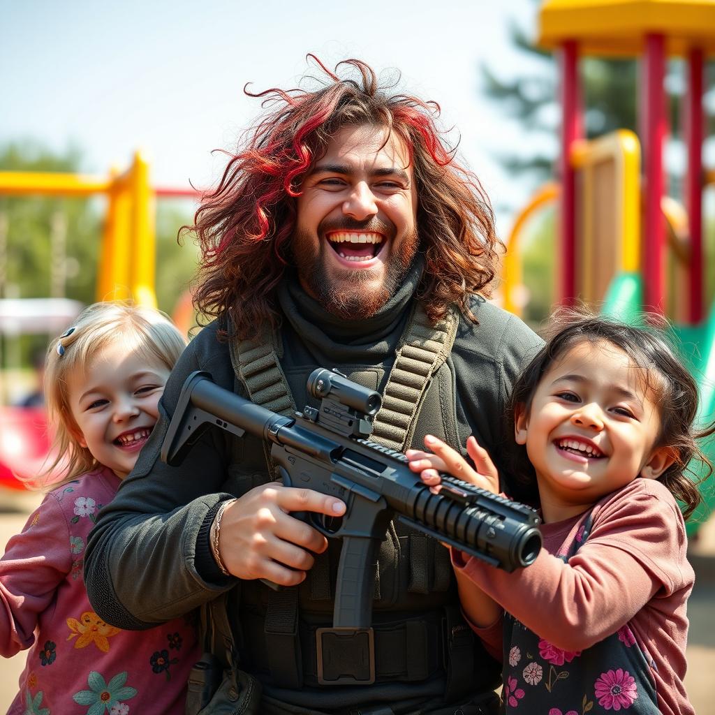 A long-haired fighter with vibrant, curly hair, wearing tactical gear, laughing joyfully as they are surrounded by two cheerful children