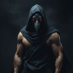 A striking image of a man wearing a crow mask, cloaked in a black hooded tunic