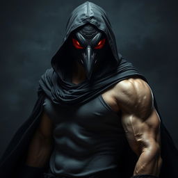 A striking image of a man wearing a crow mask, cloaked in a black hooded tunic