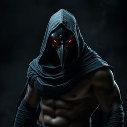 A striking image of a man wearing a crow mask, cloaked in a black hooded tunic